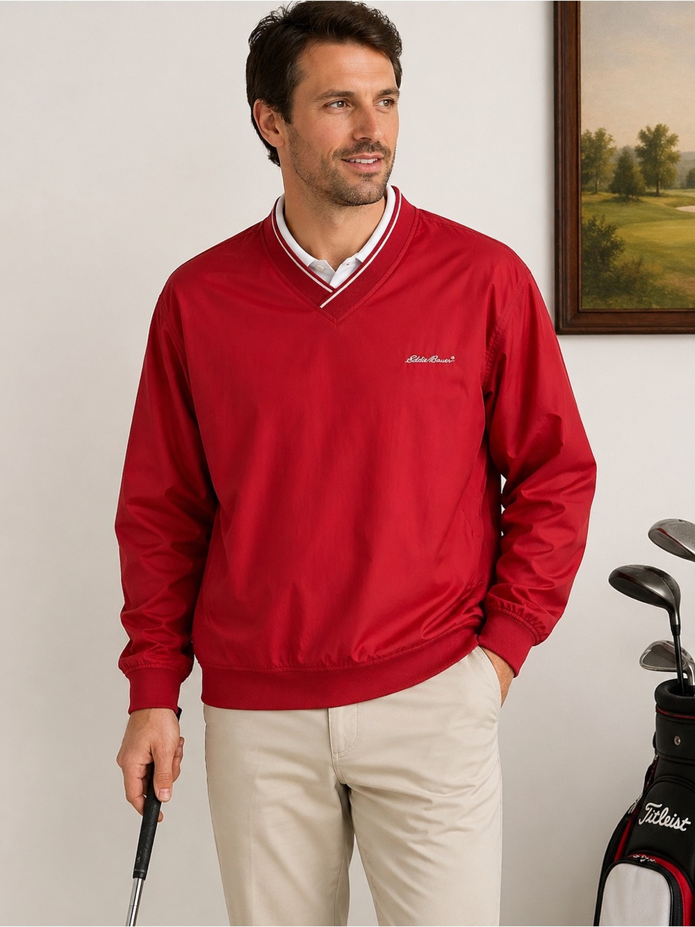Vintage Eddie Bauer Red Pullover Windbreaker V Neck Golf Jacket XL